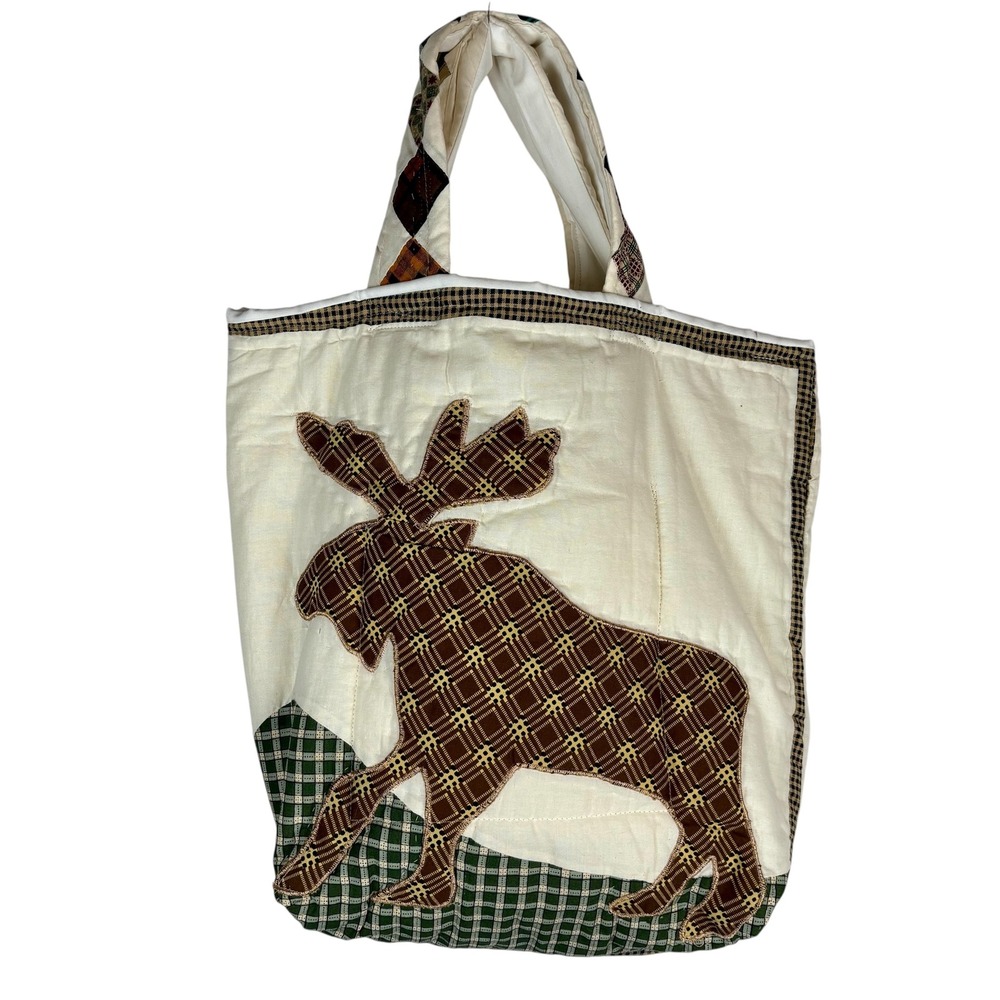 Handmade Upcycled Quilted Tote‎ Bag with Moose Applique and Patchwork Accents